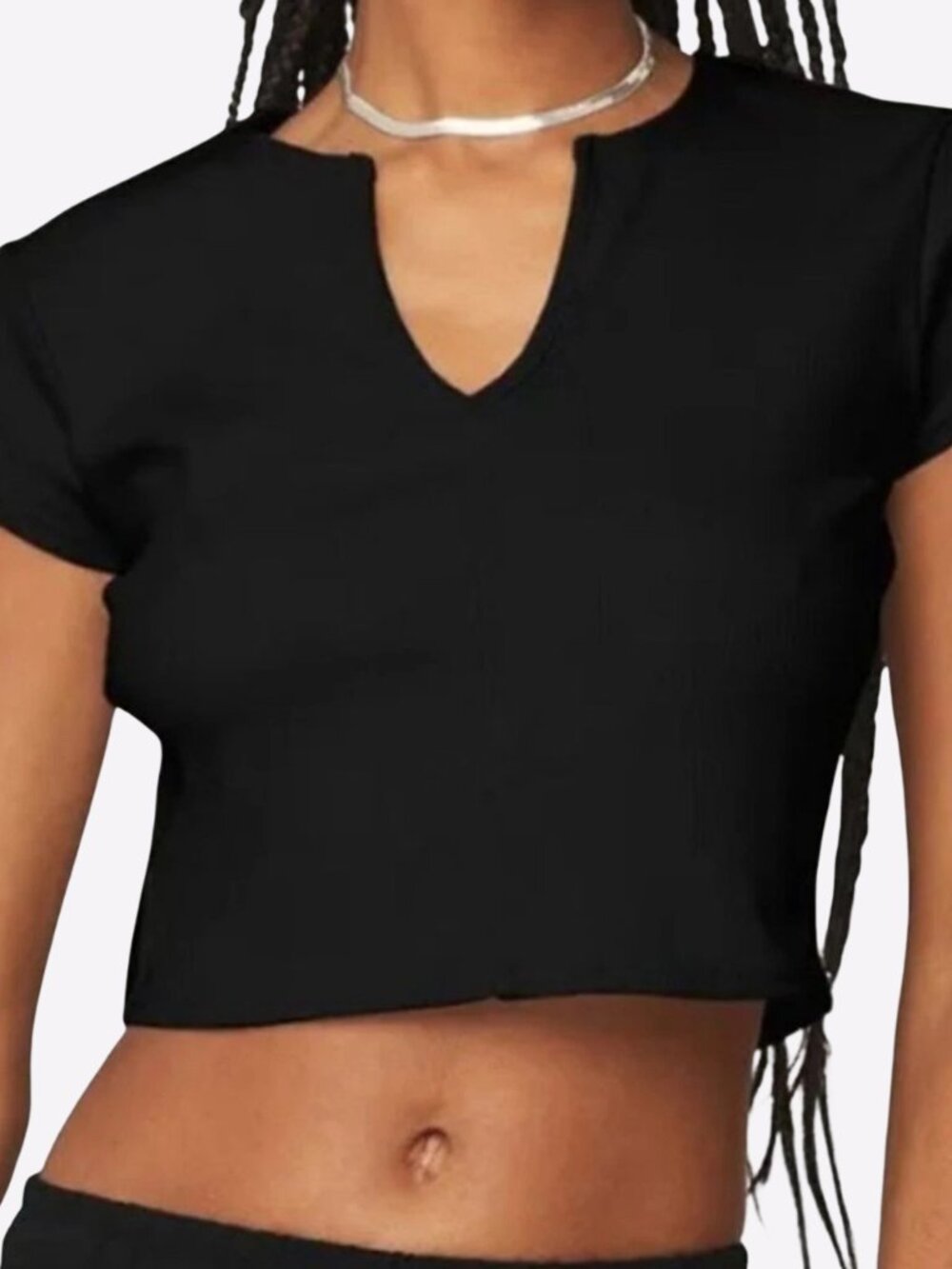 ALO YOGA Black Ribbed Cropped Savvy Short Sleeve Tee V-Neck Crop Top Womens XS